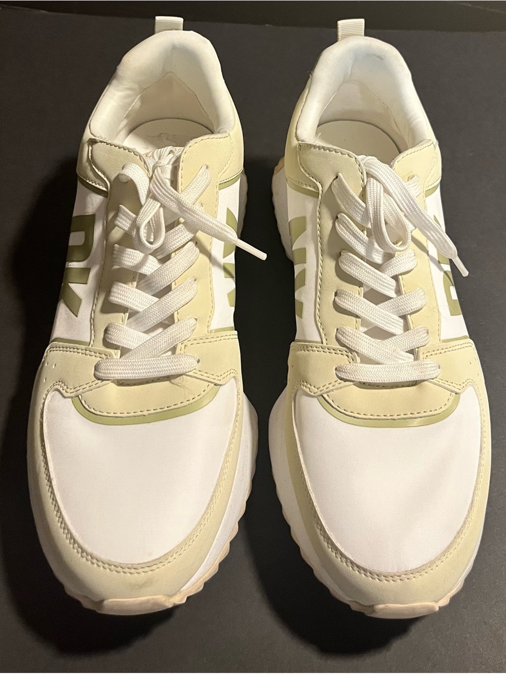 Donna Karanβs Womenβs White and Pale Yellow Fashion Sneakers - Casual Lace-Up